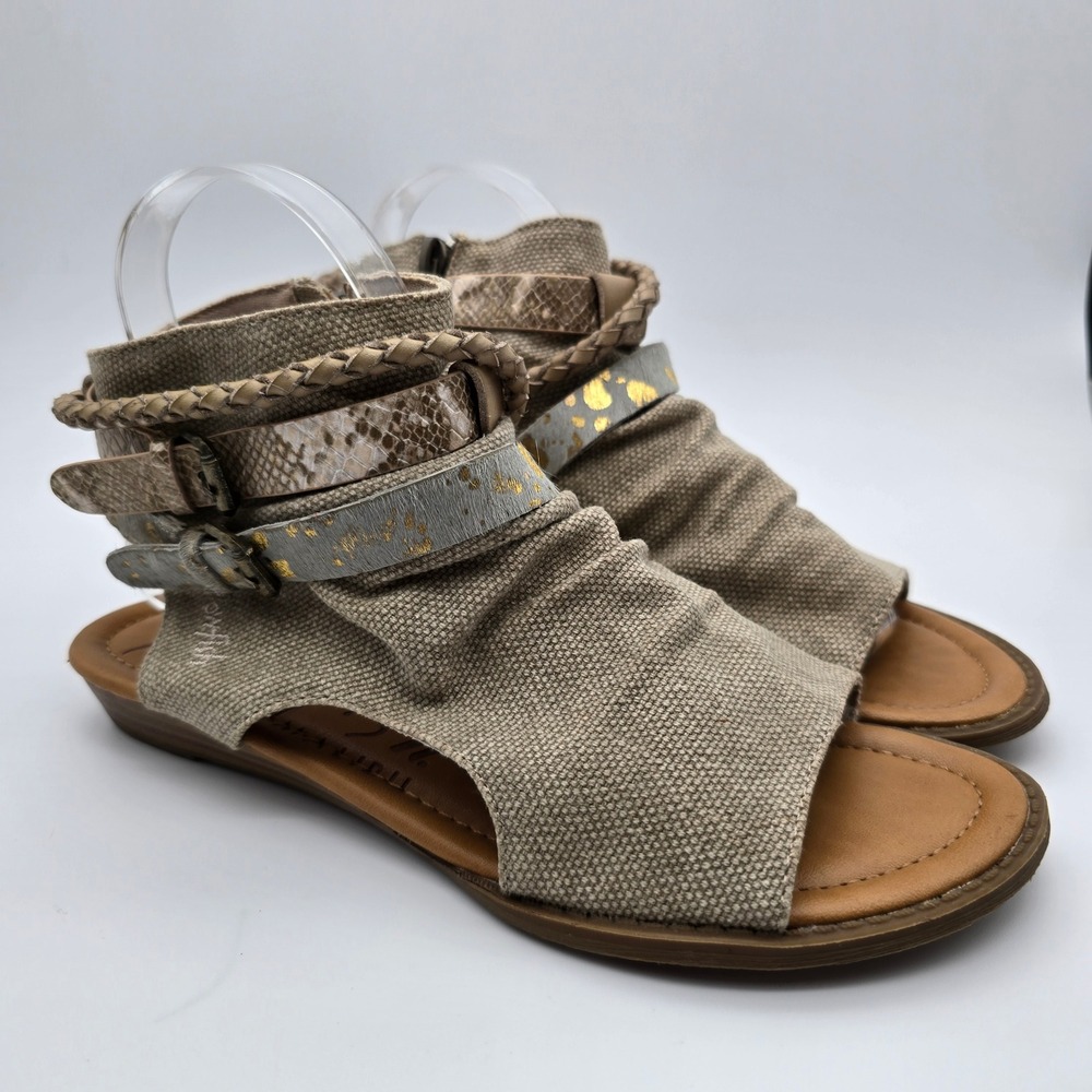 Blowfish Malibu Women Taupe Canvas Multi Strap Ankle Sandal Gold Snake Print 8